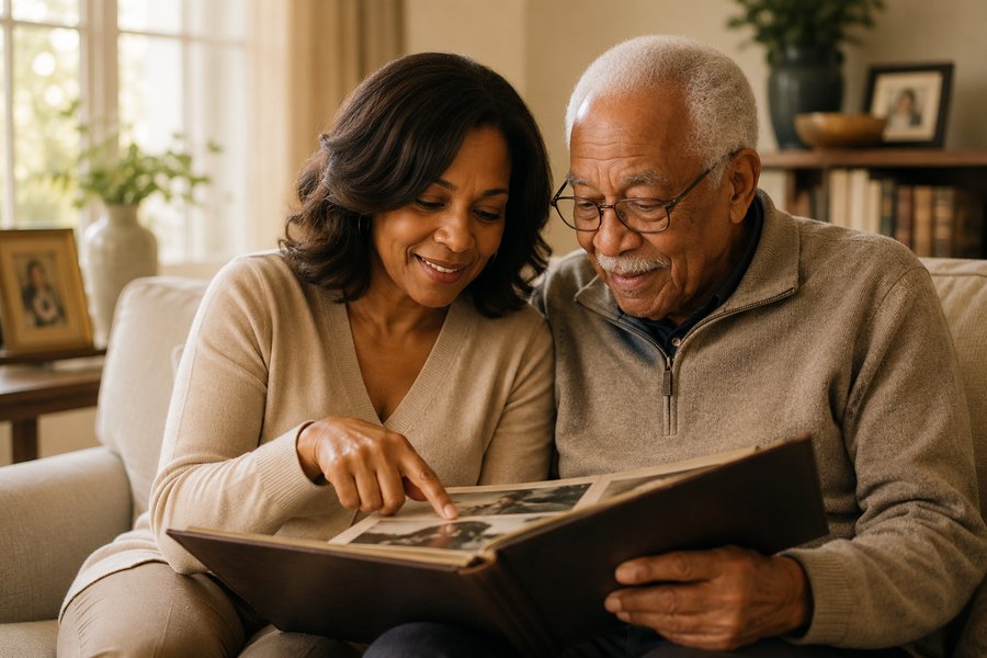 An adult daughter and her elderly father looking through a photo album together at home