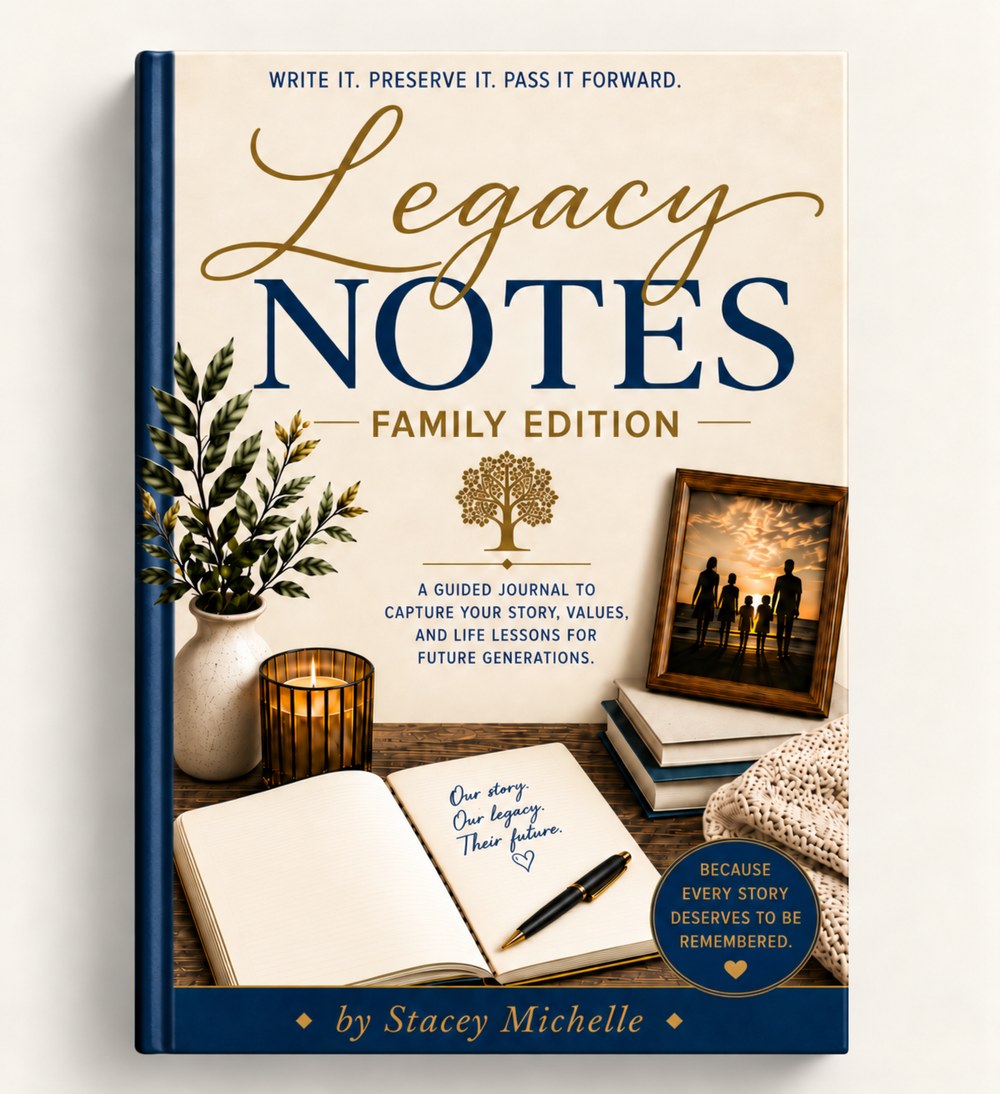 Legacy Notes Family Edition, a hardcover guided journal by Stacey Michelle, shown standing upright