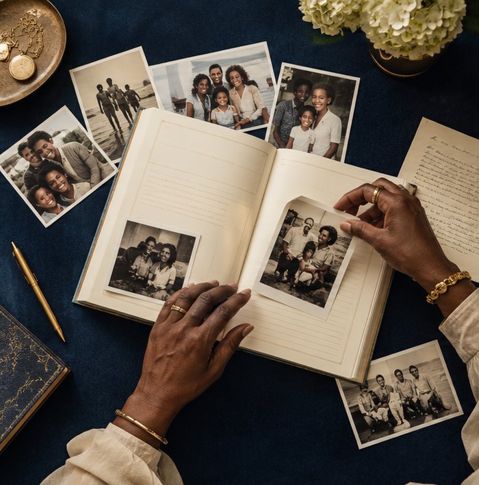 An overhead editorial scene of an open family reflection journal surrounded by generational photographs, a handwritten letter, and the hands of a mature adult arranging keepsakes