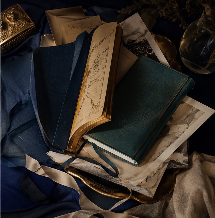 An editorial scene of layered journals, letters, and keepsake materials with gold-edged details fading softly into shadow, suggesting a growing Legacy Notes collection