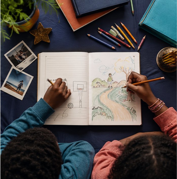An overhead editorial scene of a child writing and drawing in an open youth journal, surrounded by colorful pencils and creative elements
